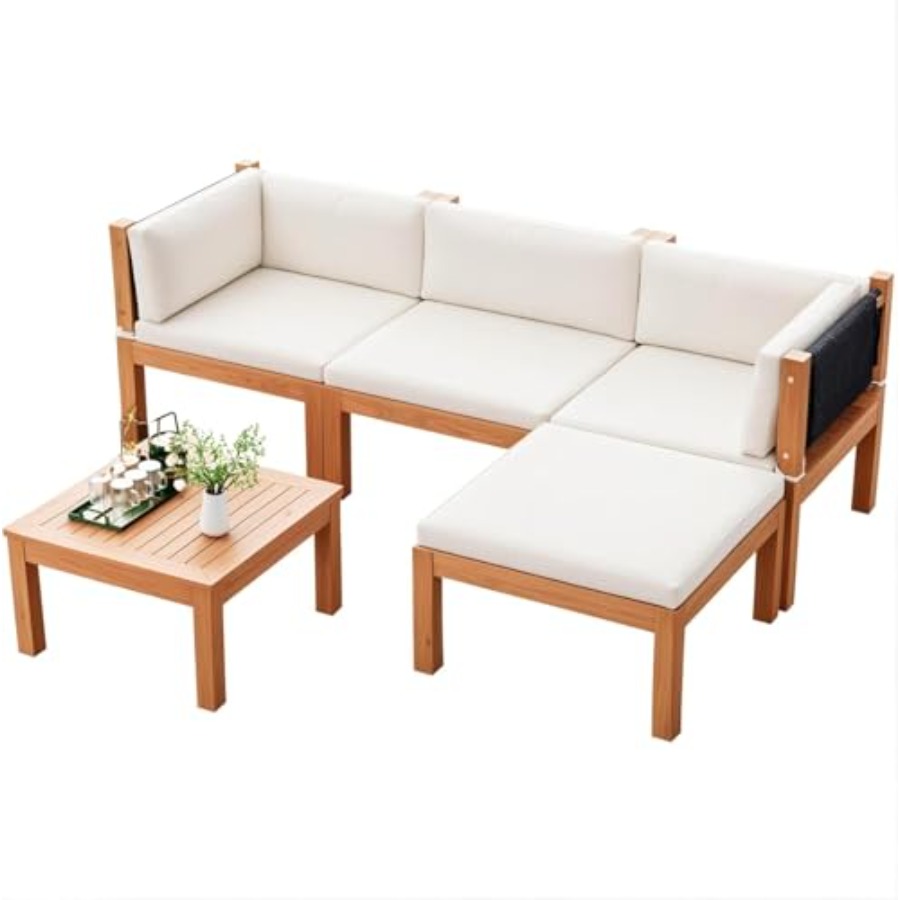 Outdoor Furniture L Shape - 5 Pieces Acacia Wood Outdoor Sectional