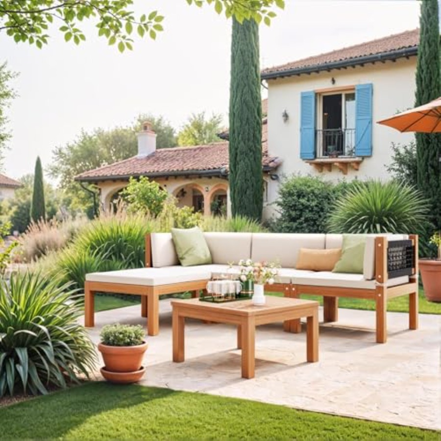 5 Pieces Acacia Wood Outdoor S - Outdoor Furniture L Shape のレビューと価格