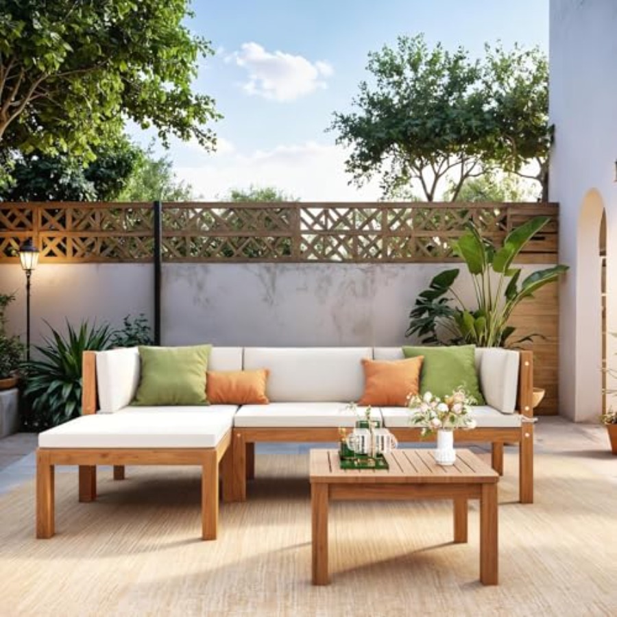 5 Pieces Acacia Wood Outdoor S - Outdoor Furniture L Shape のレビューと価格